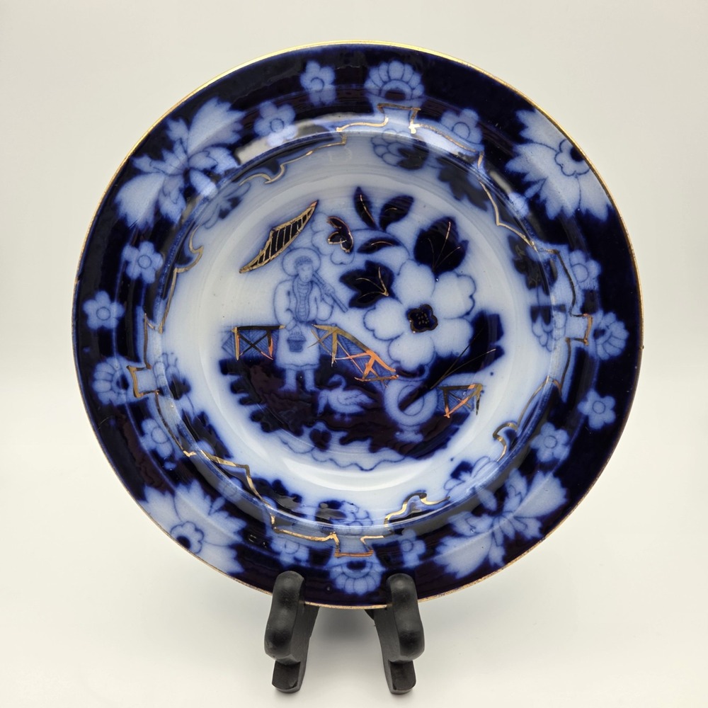 Vintage Royal Staffordshire Pekin Flow Blue 7.25" Soup Bowl 1901 Gold Gilt